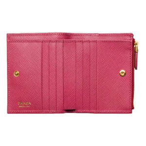 Prada Saffiano Dark Pink Gold Snap Bifold Zip Coin Pocket